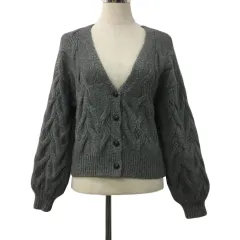 グローブ grove カーディガン ニット Vネック クロップド ケーブル編み メランジ 長袖 M グレー