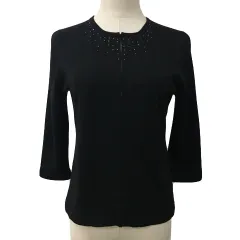 23区 オンワード樫山 カーディガン ニット ラウンドネック 無地 ウール ビジュー 七分袖 38 黒 ブラック