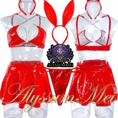 ウサ耳カチューシャ&Tバック付きセクシー光沢エナメルビキニバニーガールコスプレ衣装フルセット　キャバドレス　ミニスカート　ステージ服　赤　クラブ　写真撮影　ハロウイン仮装大人レディース　クリスマス会パーティーサンタコスチューム　サンタコスドレス　キャンギャル服