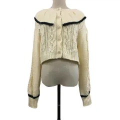 ダブルクローゼット w closet カーディガン ニット クルーネック フリル ケーブル編み 長袖 F 白 ベージュ ホワイト