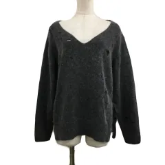 アズノウアズ ドゥバズ as know as de base セーター ニット Ｖネック プルオーバー ナイロン アンゴラ混 ダメージ加工 スリット リボン シャギー 無地 長袖 グレー