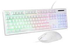 HUO JI ゲーミングキーボード＆マウスセット USB有線 メンブレンキーボード メカニカル風打鍵感 静音 RGBバックライト 二重成型キーキャップ 104キー 防ゴースト機能 英語配列 マウスDPI調整可能 夜間作業/オフィス向け (ホワイト)