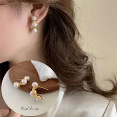 【小顔見え 】三連パールピアス 上品ゴールド 小顔見え 大人可愛い 韓国風 パールピアス オフィス デート