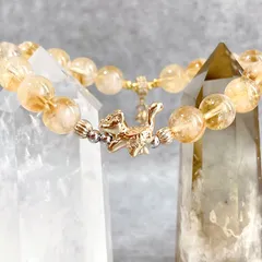 バイカラーシトリン × 猫　天然石ブレスレット　魚の骨チャーム付