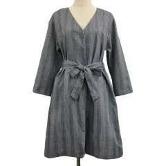 ザショップティーケー THE SHOP TK コート ノーカラー ロング チェック 薄手 リボンベルト 長袖 S グレー 青 ブルー