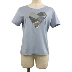 コルディア CORDIER カットソー Tシャツ プルオーバー ラウンドネック スパンコール ラメ ハート 半袖 42 水色 銀 ライトブルー シルバーのサムネイル