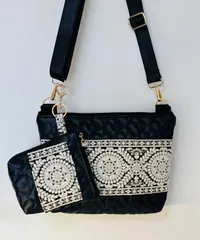 【裁縫ストア・ボヌール】大人かわいい　インド刺繍リボン　金色ラメ入りブラック/ホワイト　ワンハンドルバッグ　トートバッグ　ポーチ　ショルダーバッグ　ハンドメイド　ショルダーストラップ　ゴージャス　№500-782