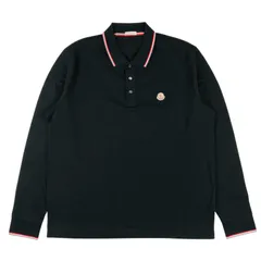 新品同様★MONCLER・モンクレール【MAGLIA POLO MANICA LUNGA】メンズ ワッペン付 トリコロールリブライン コットン ロングスリーブ ポロシャツ (XXL) ブランド メンズトップス 春夏服 ブラック