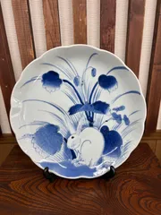 古伊万里 志田焼 草花兎図 染付 大皿 約30cm 江戸後期〜明治期 兎文(49)