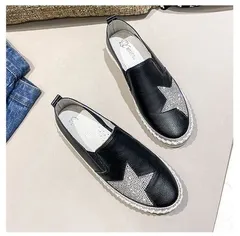 星 ラインストーン レザー フラットシューズ スリッポン 厚底3cm N-266