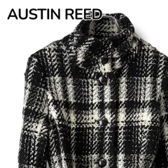 AUSTIN REED オースチンリード ブラック レディース アウター ジャケット 長袖 ピーコート チェスターコート ツイード チェック柄 モノトーン ウエストリボン ベルト付き ハーフコート【サイズ40】Lサイズ相当 0001179OC