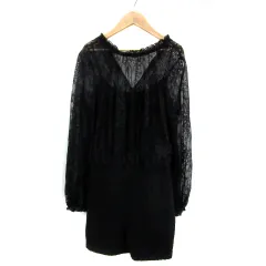 スナイデル snidel オールインワン コンビネゾン 長袖 ラウンドネック ショートパンツ 短パン 花柄レース 切替 キャミソール付き 1 黒 ブラック /YS31