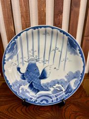 古伊万里 染付 菊花文 輪花大皿 28cm 江戸後期 骨董皿(52) 日本古