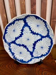 古伊万里 染付 菊花文 輪花大皿 28cm 江戸後期 骨董皿(52) 日本古