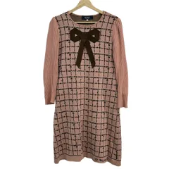 エムズグレイシー ワンピース サイズ38 M レディース - ピンク×ダークブラウン クルーネック/長袖/ひざ丈/ニット/チェック柄/リボン