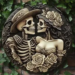 ゴシック雑貨 ブリキ看板 スカルカップル メタルサイン ヴィンテージ風 壁掛けインテリア 8×8インチ 丸型 アートプレート