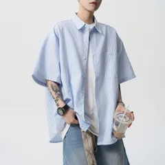 ストライプ半袖シャツ オーバーサイズ メンズ ビッグシルエット 韓国ファッション ストリート カジュアル シャツ ブルー 夏服 人気 おしゃれ オシャレ 半袖シャツ トップス ビッグシャツ 美品 早い者勝ち 即決可能 送料込み A-204