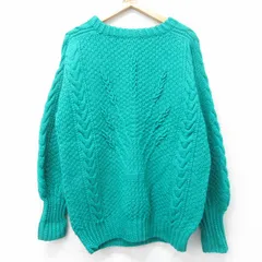 L/古着 長袖 セーター メンズ 90年代 90s 手編み ハンドニット ウール クルーネック アイルランド製 青緑 26jan20