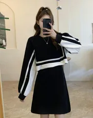 ワンピース レディース セットアップ風 ミニワンピース 韓国ファッション 長袖 Aライン ブラック バイカラー ワンピ ミニ丈 カジュアル おしゃれ オシャレ 可愛い 人気 美品 早い者勝ち 即決可能 送料込み SA-360