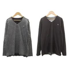 バーバリーブラックレーベル BURBERRY BLACK LABEL カットソー リバーシブル 長袖 3 L ダークブラウン グレー ボーダー柄 Vネック ロゴ刺繍 BMV61-311-58 /SY52 ■GY60