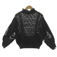 ザラ ZARA ニット フリルネック クロシェ編み 長袖 コットン混 ブラック 黒 M