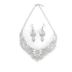 [ＫＫ　Ｓｏｌｉｓ] フラワーモチーフ ゴージャスネックレス＆イヤリング大ぶり 豪華 高見えビジューアクセサリー 結婚式 二次会 パーティー 演奏会 発表会 舞台映え ドレスアップ (シルバー・イヤリングセット) [シルバー]