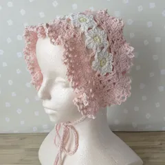 ヘッドドレス　レース　編み物　クロシェ　バブーシュカ　ヘアアクセサリー　ヘアバンド　ピンク　かわいい　日除け