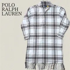 POLO Ralph Lauren Plaid Fringe-Trim Shirtdress 4　フリンジトリムワンピース フランネル チェック フリンジ 長袖 オフホワイト ベージュ系 ひざ丈 ミディ丈