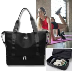 【新品】トートバッグ スポーツジム トラベル 1泊2日 2泊3日 シューズ収納 大容量 レディース メンズ マザーズバッグ ナイロンバッグ トラベルバッグ キャリーオンバッグ ボストンバッグ＜ブラック＞旅行 出張 合宿 1ゴルフバッグ キャリー 35L 黒