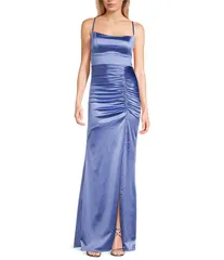 ハニーアンドロージー レディース トップス ワンピース フロントスリット ギャザー サテン レース Honey and Rosie Satin Ruched Side Front Slit LaceUp Back Long Dress Cornflower