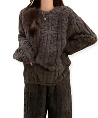 [Dep Club] パジャマ レディース 冬 もこもこ 大きいサイズ 部屋着 ルームウェア 温かい スウェット 上下 上下セット 長袖 ふわふわ 寝間着 可愛い ナイトウェア あったか もふもふ (JP, アルファベット [ブラック] [Free Size]