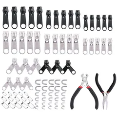 多機能ジッパーヘッド ファスナー引っ張り ジッパー 財布裁縫/手作り/服装/ ジッパー 荷物/手芸 DIY 修理コート 交換用 縫製 /バッグに使用でき 修理用ペンチ２個付き 簡単ジッパー修理屋さんに適用(86pcs入り) ファスナー修理キット