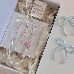 スマホケース チェーン ストラップ ハンドメイド ビーズ アクセサリー ピンクブルー 花柄 インスタ風 可愛い ガーリー