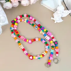 ビーズブレスレット 木製 花 長め ハート 携帯ストラップ 斜め掛け クリップ付き ユニバーサル