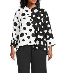 アイシーコレクション レディース アウター コート ハイネック プラスサイズ プリント ジャケット IC Collection Plus Size Woven Dot Combo Print High Neck Bracelet Sleeve Jacket W