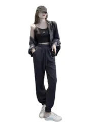 [ReiLuana] スウェット レディース ジャージ セット アップ 短い 丈 パーカー トップス ルーズ パンツ ３点 (JP, アルファベット, M, ブラック) [ブラック] [M]