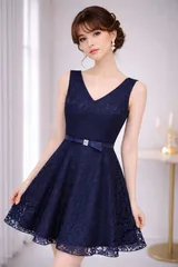 【新品未使用】レース パーティードレス ネイビー Vネック ミニ丈 上品 華やか 結婚式 二次会 キャバ