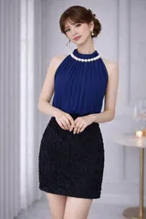 【新品未使用・タグ付き】パーティードレス パールネック シフォン ネイビー×ブラック  上品 華やか 結婚式 二次会 ラウンジ キャバドレス ナイトドレス ミニ丈