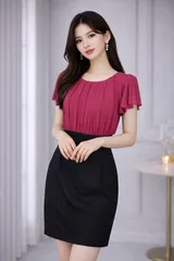 【新品未使用】パーティードレス プリーツシフォン バイカラー ワンピース ピンク ブラック 上品 フェミニン 結婚式 キャバ ラウンジ