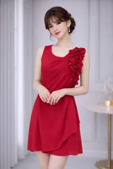 【新品未使用・タグ付き】パーティードレス フリルデザイン シフォン ワンピース レッド 上品 セクシー 結婚式 キャバ ラウンジ ナイトドレス