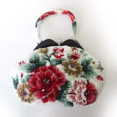 ヴィンテージ ビーズバッグ ハンドバッグ 和装 ポーチ がま口 牡丹 花柄 豪華 白 ホワイト 赤 レッド 緑 レトロ 昭和 かばん 鞄 カバン 美品