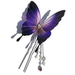 【蝶の二股かんざし】モルフォ蝶風・ラベンダー×濃紫・黒【シルバーワイヤー】