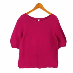 ユニクロ UNIQLO 3D コットン クルーネック セーター ニット ラウンドネック ボリューム袖 5分袖 半袖 M ラズベリーピンク