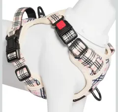 BaoCheng 犬ハーネス 犬用胴輪 小型犬/中型犬/大型犬ハーネス 犬用胴輪 引っ張り防止 アタマを通さず 咳き込み軽減 サイズ調整可能 夜間反射材 抜けない 通気性 簡単着脱 おしゃれ 安全 しつけ用 訓練 歩行補助 散歩 (ベージュチェック柄,S)