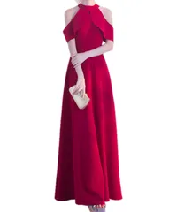 [Elixio] [エリクシオ] パーティードレス レディース ロング ワンピース ホルターネック 肩だし Aライン ハイウエスト マキシ丈 フォーマル 結婚式 発表会 演奏会 披露宴 (JP, アルファベット, S, レッド) [レッド] [S]