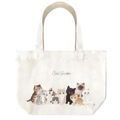 【新品】 ミニ トートバッグ ランチバッグ 使いやすい マチ広め キナリ じょうぶ 厚手 かわいい ネコたち イラスト 0