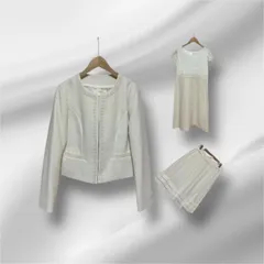 Krone   ノーカラージャケット   レース切替   ワンピース   スカート   スーツ   セットアップ    3点セット   フォーマル   サイズ13AR   アイボリー   クローネ   13号