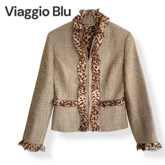 ビアッジョブルー Viaggio Blu ツイード ジャケット レオパード フリル ヒョウ柄 豹柄 ノーカラー スタンドカラー メタルプレート 1 M サイズ相当 ベージュ ブラウン シフォン 華やか 上品 セレモニー フォーマル パーティー 1027KZのサムネイル