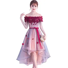 新品 [JINZUOMA] レディース ドレス ワンピース イブニングドレス ショートワンピース ロングワンピース レースワンピース チュールワンピース ボートネック 立体な花柄刺繍 エレガント フォーマル 結婚式 パーティー 演奏会 (レッド L)