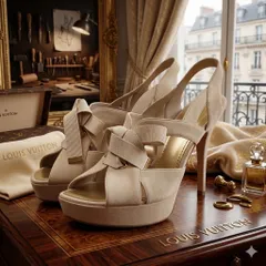 正規品 ルイヴィトン サンダル スエード リボン ベージュ ゴールド金具 36 1/2 約23.5cm オープントゥ ハイヒール 厚底 プラットフォーム レディース MA1019 イタリア製 LOUIS VUITTON